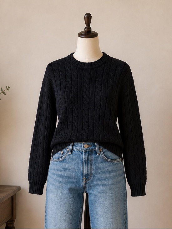 Simons Sweaters - Black Cable Knit Crewneck Sweater Medium Cotton Blend Classic Preppy Women's M